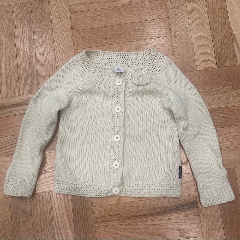 Polarn O. Pyret Cream Knit Cardigan with Flower Accent